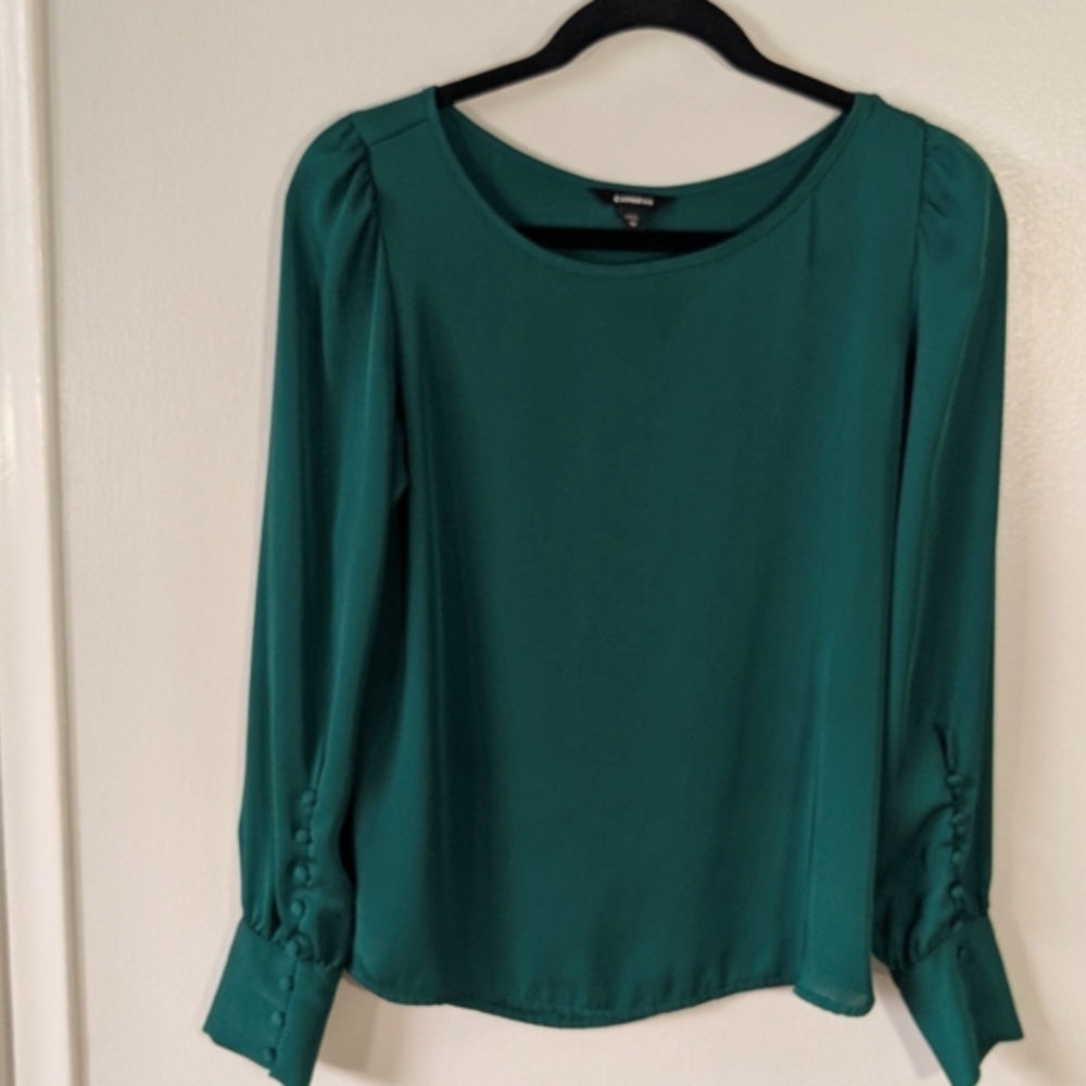 Express Silky Green Long Sleeve Puff Sleeve Blouse